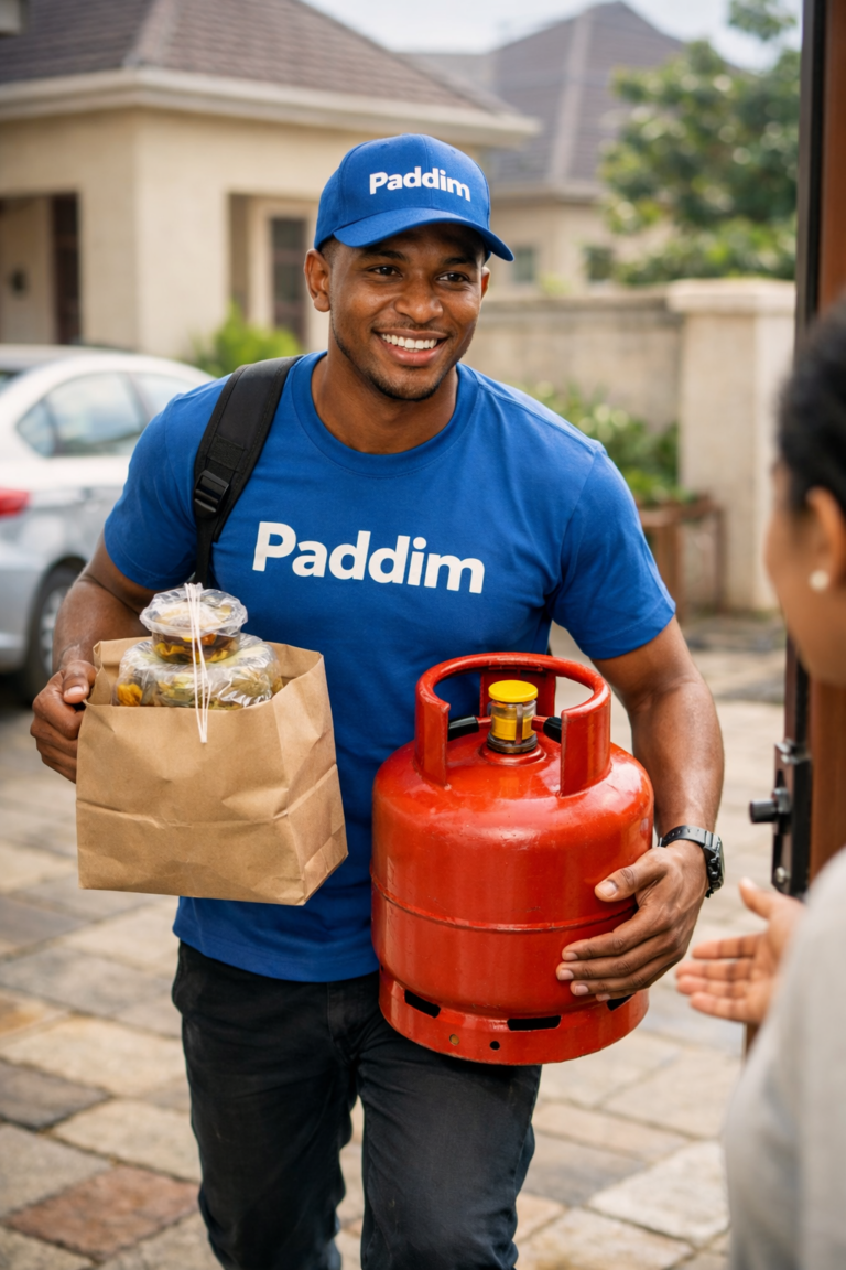 Paddim errand runner delivering a neatly packed local food delivery and a refilled cooking gas cylinder to a residential home